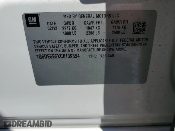 2012 Cadillac CTS Luxury with VIN 1G6DE5E5XC0139354, listed as a Copart auction lot 55996785 with 99,655 mi miles and Salvage title. Bid and sale history available at DreamBid. Image 12.