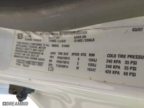 2007 Chevrolet Colorado Work Truck with VIN 1GCCS149678217697, listed as a IAAI auction lot 42111610 with 1 mi miles. Bid and sale history available at carsss.com. Image 9.