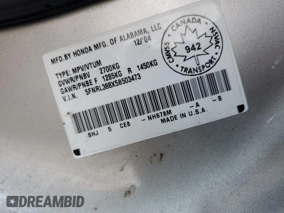 2005 Honda Odyssey TOURING with VIN 5FNRL388X5B503473, listed as a Copart auction lot 84822944 with 247,028 mi miles and Clean Title. Bid and sale history available at carsss.com. Image 13.
