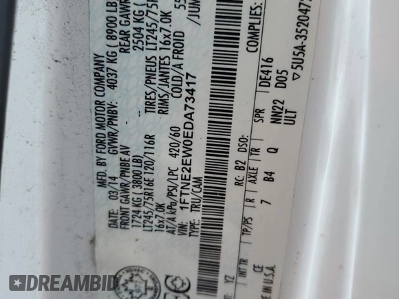 2013 Ford Econoline Cargo Commercial with VIN 1FTNE2EW0EDA73417, listed as a Copart auction lot 86556404 with 284,684 mi miles and Clean title. Bid and sale history available at DreamBid. Image 12.