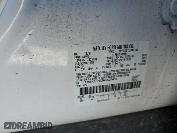 2022 Ford Explorer with VIN 1FMSK8BHXNGA00439, listed as a Copart auction lot 46299145 with 95,074 mi miles and Salvage title. Bid and sale history available at DreamBid. Image 12.