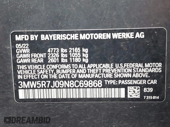 2022 BMW 3 Series 330i xDrive with VIN 3MW5R7J09N8C69868, listed as a IAAI auction lot 41462538 with 1 mi miles. Bid and sale history available at carsss.com. Image 9.