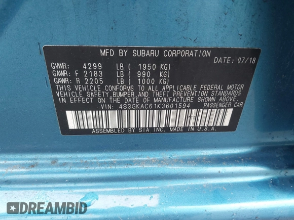2019 Subaru Impreza Premium с VIN 4S3GKAC61K3601594, выставлен на аукционе IAAI как лот 42263911 с пробегом 64 728 миль миль и . История ставок и продаж доступна на DreamBid. Изображение 9.