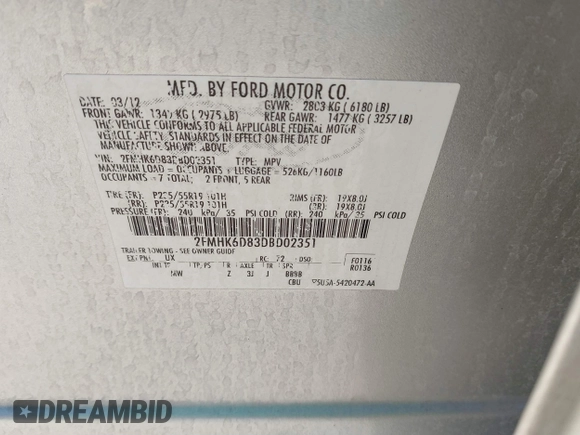 2013 Ford Flex Limited with VIN 2FMHK6D83DBD02351, listed as a IAAI auction lot 40977231 with 194,651 mi miles. Bid and sale history available at carsss.com. Image 9.