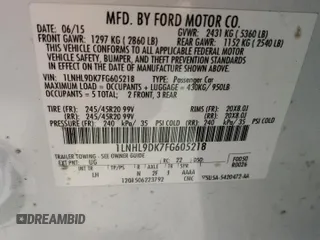 2015 Lincoln MKS с VIN 1LNHL9DK7FG605218, выставлен на аукционе Copart как лот 50882695 с пробегом 160 907 миль миль и Списание • Salvage title. История ставок и продаж доступна на DreamBid. Изображение 14.