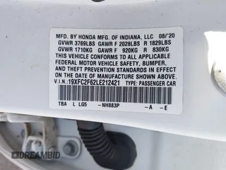 2020 Honda Civic LX with VIN 19XFC2F62LE212421, listed as a IAAI auction lot 41909995 with 46,312 mi miles and . Bid and sale history available at DreamBid. Image 9.