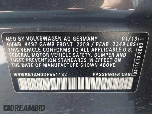 2013 Volkswagen CC Sport with VIN WVWBN7AN0DE551132, listed as a IAAI auction lot 41849514 with 144,557 mi miles. Bid and sale history available at carsss.com. Image 9.