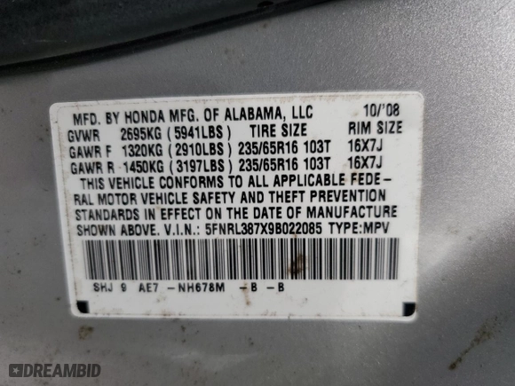 2009 Honda Odyssey EX-L with VIN 5FNRL387X9B022085, listed as a Copart auction lot 49481395 with 182,545 mi miles and Salvage Title. Bid and sale history available at carsss.com. Image 15.