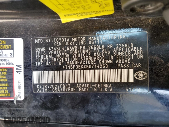 2011 Toyota Camry LE with VIN 4T1BF3EKXBU744263, listed as a Copart auction lot 62218985 with 268,601 mi miles and Clean title. Bid and sale history available at DreamBid. Image 12.