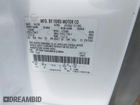 2008 Ford F-150 XL with VIN 1FTRF14W48KE23884, listed as a IAAI auction lot 42211632 with 108,014 mi miles and . Bid and sale history available at DreamBid. Image 9.
