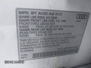 2022 Audi Q7 Premium Plus with VIN WA1LJBF70ND014081, listed as a IAAI auction lot 42403771 with 20,073 mi miles and . Bid and sale history available at DreamBid. Image 9.
