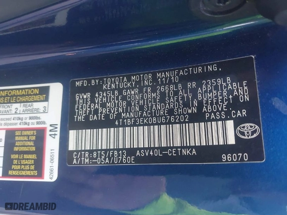 2011 Toyota Camry LE with VIN 4T1BF3EK0BU676202, listed as a IAAI auction lot 41912157 with 175,820 mi miles. Bid and sale history available at carsss.com. Image 9.