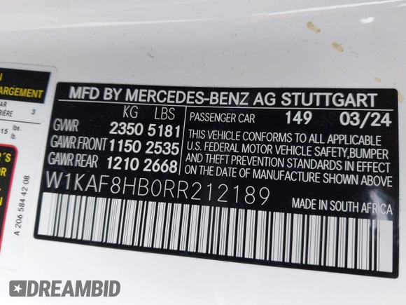 2024 Mercedes-Benz C 43 AMG with VIN W1KAF8HB0RR212189, listed as a IAAI auction lot 42082339 with 3,908 mi miles and . Bid and sale history available at DreamBid. Image 9.