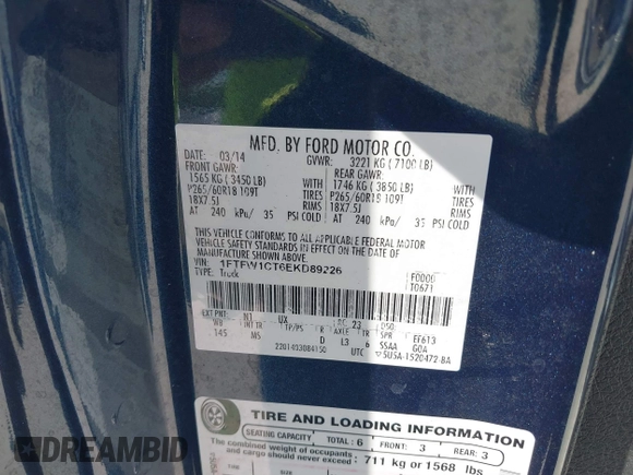2014 Ford F-150 XL with VIN 1FTFW1CT6EKD89226, listed as a IAAI auction lot 39345246 with 160,905 mi miles. Bid and sale history available at carsss.com. Image 9.