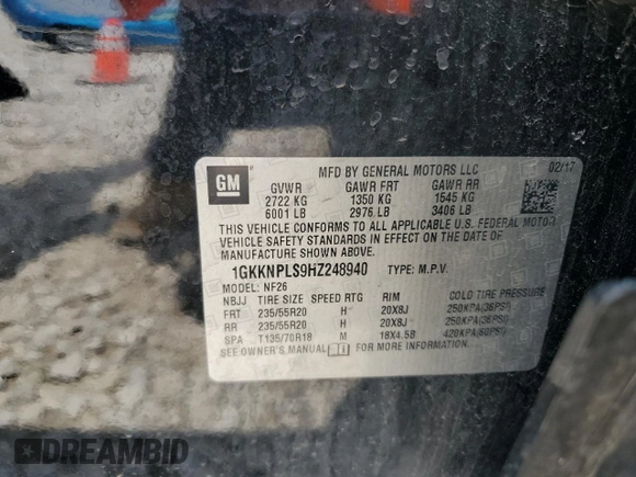 2017 GMC Acadia Denali with VIN 1GKKNPLS9HZ248940, listed as a Copart auction lot 62273455 with 106,016 mi miles and Salvage title. Bid and sale history available at DreamBid. Image 13.