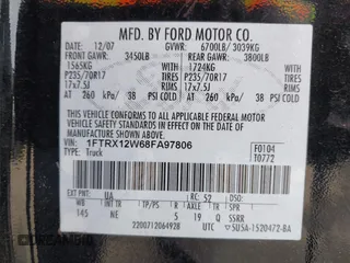 2008 Ford F-150 STX with VIN 1FTRX12W68FA97806, listed as a IAAI auction lot 41741297 with 188,218 mi miles and . Bid and sale history available at carsss.com. Image 9.