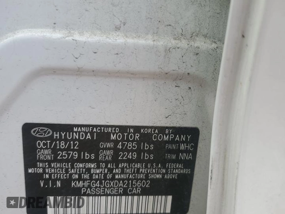 2013 Hyundai Azera with VIN KMHFG4JGXDA215602, listed as a Copart auction lot 66165305 with 119,166 mi miles and Clean title. Bid and sale history available at DreamBid. Image 13.