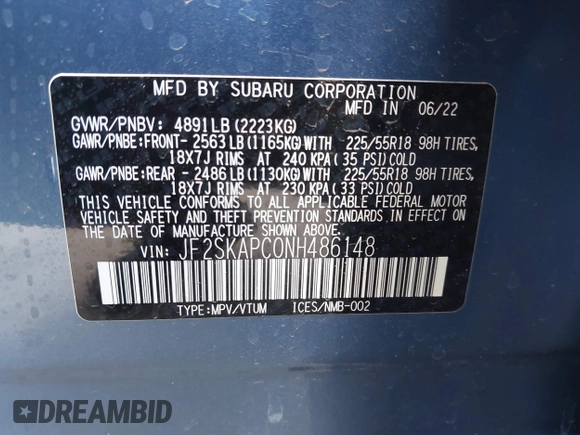 2022 Subaru Forester Limited с VIN JF2SKAPC0NH486148, выставлен на аукционе IAAI как лот 42430812 с пробегом 23 948 миль миль и . История ставок и продаж доступна на DreamBid. Изображение 9.