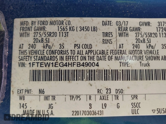 2017 Ford F-150 XL with VIN 1FTEW1EG4HFB49004, listed as a IAAI auction lot 41804250 with Not provided miles and . Bid and sale history available at DreamBid. Image 9.