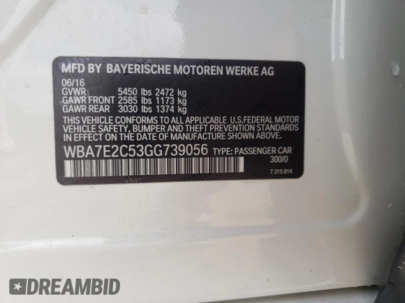 2016 BMW 7 Series 740i with VIN WBA7E2C53GG739056, listed as a Copart auction lot 59141613 with 0 mi miles. Bid and sale history available at carsss.com. Image 14.