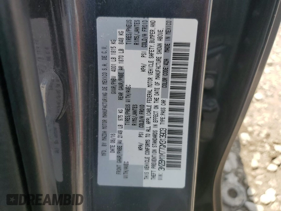 2016 Mazda 3 i Touring with VIN 3MZBM1M77GM313903, listed as a Copart auction lot 60373205 with 83,980 mi miles and Salvage title. Bid and sale history available at DreamBid. Image 13.