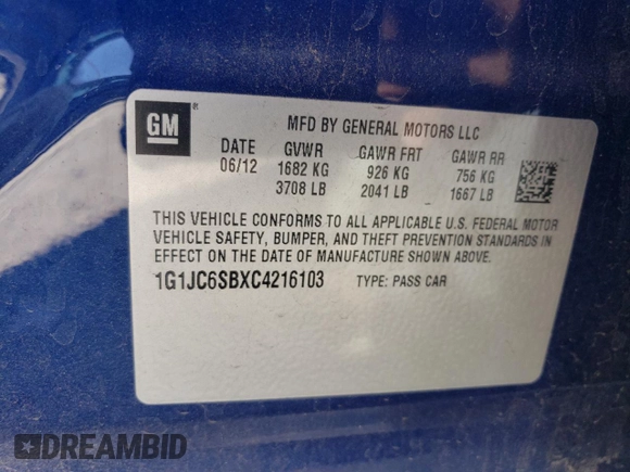 2012 Chevrolet Sonic LT with VIN 1G1JC6SBXC4216103, listed as a Copart auction lot 75721374 with 69,048 mi miles and Salvage Title. Bid and sale history available at carsss.com. Image 13.