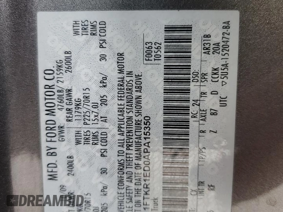 2010 Ford Ranger XL with VIN 1FTKR1ED0APA15350, listed as a Copart auction lot 60885035 with 174,023 mi miles and Salvage title. Bid and sale history available at DreamBid. Image 12.