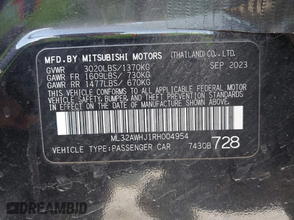2024 Mitsubishi Mirage Black Edition with VIN ML32AWHJ1RH004954, listed as a IAAI auction lot 41834228 with 13,720 mi miles and . Bid and sale history available at DreamBid. Image 9.