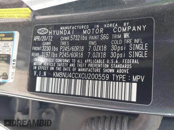 2012 Hyundai Veracruz Limited with VIN KM8NU4CCXCU200559, listed as a IAAI auction lot 42095944 with 321,754 mi miles and . Bid and sale history available at DreamBid. Image 9.