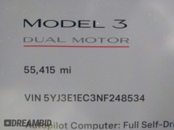 2022 Tesla Model 3 Performance with VIN 5YJ3E1EC3NF248534, listed as a IAAI auction lot 41882694 with 55,415 mi miles and . Bid and sale history available at carsss.com. Image 14.