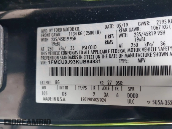 2019 Ford Escape Titanium with VIN 1FMCU9J93KUB84831, listed as a IAAI auction lot 41514146 with 105,072 mi miles. Bid and sale history available at carsss.com. Image 9.