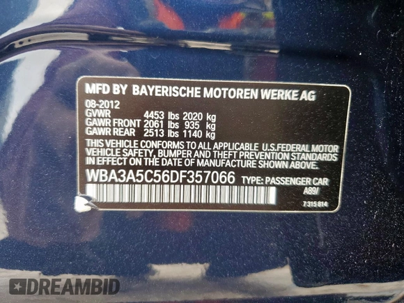 2013 BMW 3 Series 328i with VIN WBA3A5C56DF357066, listed as a Copart auction lot 61575205 with 196,818 mi miles and Salvage title. Bid and sale history available at DreamBid. Image 13.