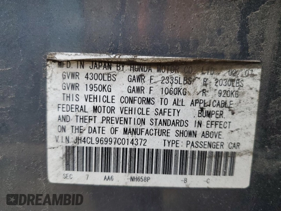 2007 Acura TSX Navi with VIN JH4CL96997C014372, listed as a Copart auction lot 48029165 with 216,550 mi miles and Salvage title. Bid and sale history available at DreamBid. Image 12.