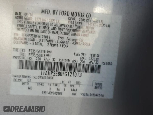 2015 Ford Taurus SEL with VIN 1FAHP2E80FG121013, listed as a Copart auction lot 59940235 with 209,632 mi miles and Clean title. Bid and sale history available at DreamBid. Image 12.
