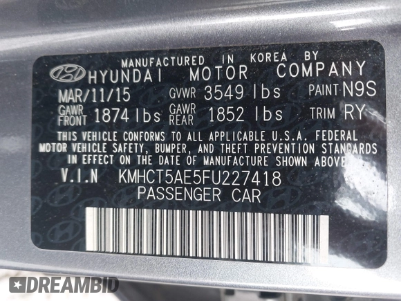 2015 Hyundai Accent GS with VIN KMHCT5AE5FU227418, listed as a IAAI auction lot 41960197 with 46,664 mi miles. Bid and sale history available at carsss.com. Image 9.