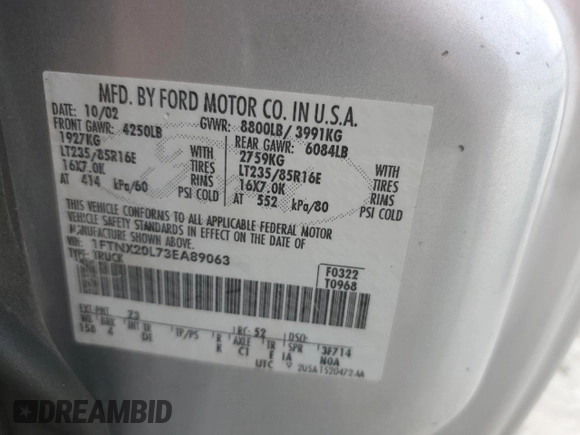 2003 Ford F-250 XL with VIN 1FTNX20L73EA89063, listed as a Copart auction lot 78629574 with Not provided miles and Salvage title. Bid and sale history available at DreamBid. Image 15.