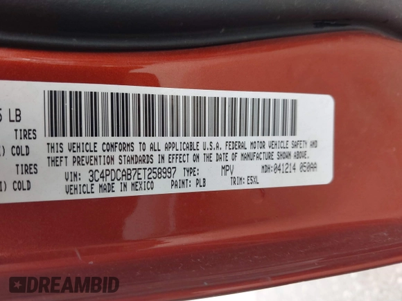 2014 Dodge Journey American Value Pkg with VIN 3C4PDCAB7ET258997, listed as a IAAI auction lot 41375834 with 230,868 mi miles. Bid and sale history available at carsss.com. Image 9.