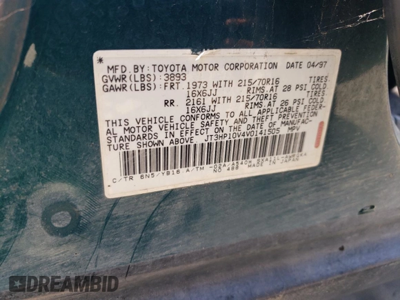1997 Toyota RAV4 with VIN JT3HP10V4V0141505, listed as a Copart auction lot 65500525 with 273,876 mi miles and Clean title. Bid and sale history available at DreamBid. Image 12.