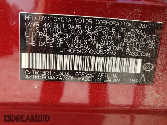 2012 Lexus IS 250 z VIN JTHCF5C26C5052793, wystawiony jako Copart lot #60808425 z przebiegiem 158 488 mil mil oraz Czysty tytuł • Clean title. Historia ofert i sprzedaży dostępna na DreamBid. Obrazek 12.