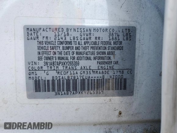 2019 Nissan Sentra S with VIN 3N1AB7APXKY265359, listed as a Copart auction lot 61694085 with 81,562 mi miles and Salvage title. Bid and sale history available at DreamBid. Image 12.