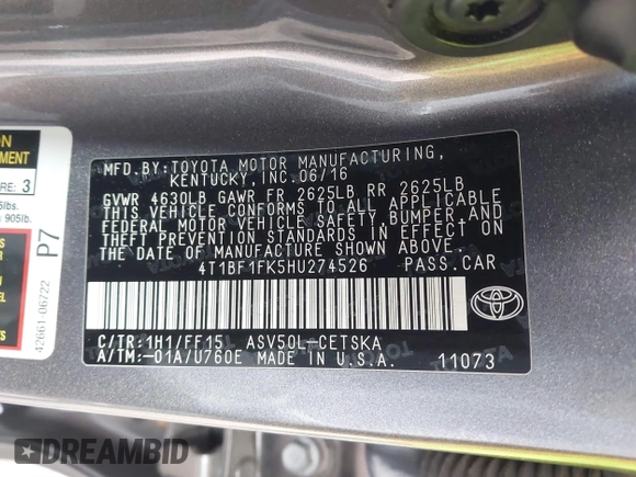 2017 Toyota Camry XLE with VIN 4T1BF1FK5HU274526, listed as a IAAI auction lot 41053540 with 137,102 mi miles and . Bid and sale history available at DreamBid. Image 9.