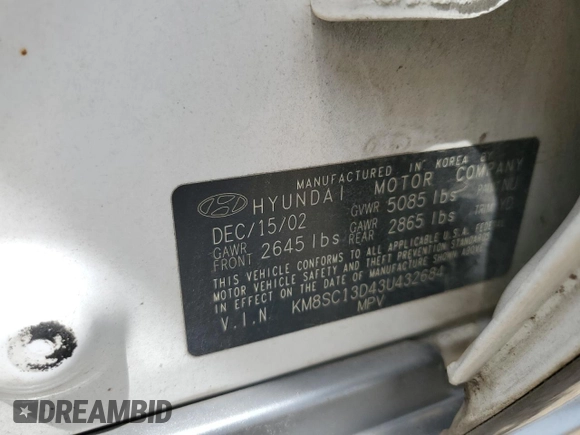 2003 Hyundai Santa Fe GLS with VIN KM8SC13D43U432684, listed as a Copart auction lot 65950054 with 0 mi miles and Salvage Title. Bid and sale history available at carsss.com. Image 13.