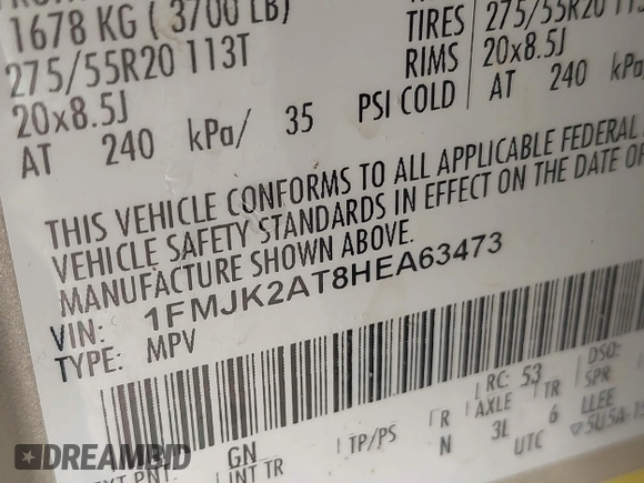 2017 Ford Expedition Max Limited с VIN 1FMJK2AT8HEA63473, выставлен на аукционе IAAI как лот 42064907 с пробегом 175 201 миль миль и . История ставок и продаж доступна на DreamBid. Изображение 9.