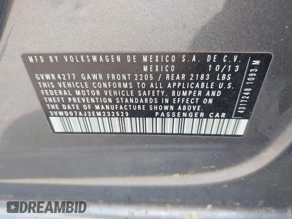 2014 Volkswagen Jetta SE with VIN 3VWD07AJ3EM232529, listed as a IAAI auction lot 42286442 with 125,000 mi miles and . Bid and sale history available at DreamBid. Image 9.