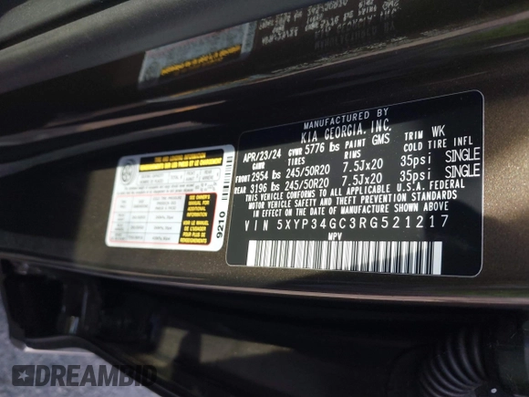 2024 Kia Telluride EX with VIN 5XYP34GC3RG521217, listed as a IAAI auction lot 41349510 with 3,798 mi miles and . Bid and sale history available at DreamBid. Image 9.