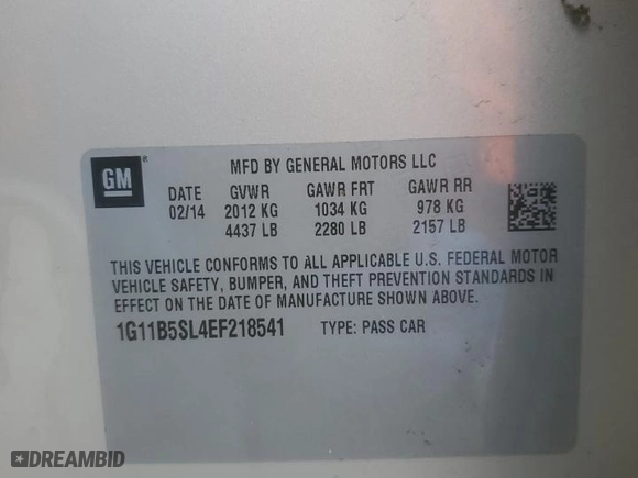 2014 Chevrolet Malibu LS with VIN 1G11B5SL4EF218541, listed as a Copart auction lot 48930815 with 124,648 mi miles and Salvage Title. Bid and sale history available at carsss.com. Image 13.