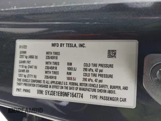 2022 Tesla Model 3 Long Range with VIN 5YJ3E1EB9NF164774, listed as a IAAI auction lot 41915755 with 39,625 mi miles and . Bid and sale history available at DreamBid. Image 9.