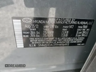 2023 Hyundai Santa Fe SE with VIN 5NMS1DAJ7PH496493, listed as a Copart auction lot 52546325 with 32,873 mi miles and Salvage title. Bid and sale history available at DreamBid. Image 12.