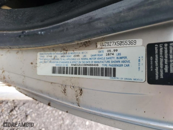 1999 Volkswagen New Beetle GLS with VIN 3VWCC21C3XM466406, listed as a Copart auction lot 44466985 with 0 mi miles and Salvage Title. Bid and sale history available at carsss.com. Image 12.