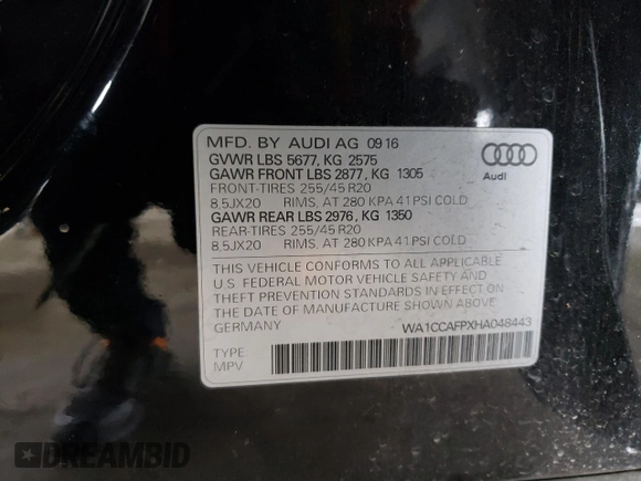 2017 Audi SQ5 Premium Plus with VIN WA1CCAFPXHA048443, listed as a Copart auction lot 49302965 with 146,297 mi miles and Salvage title. Bid and sale history available at DreamBid. Image 12.